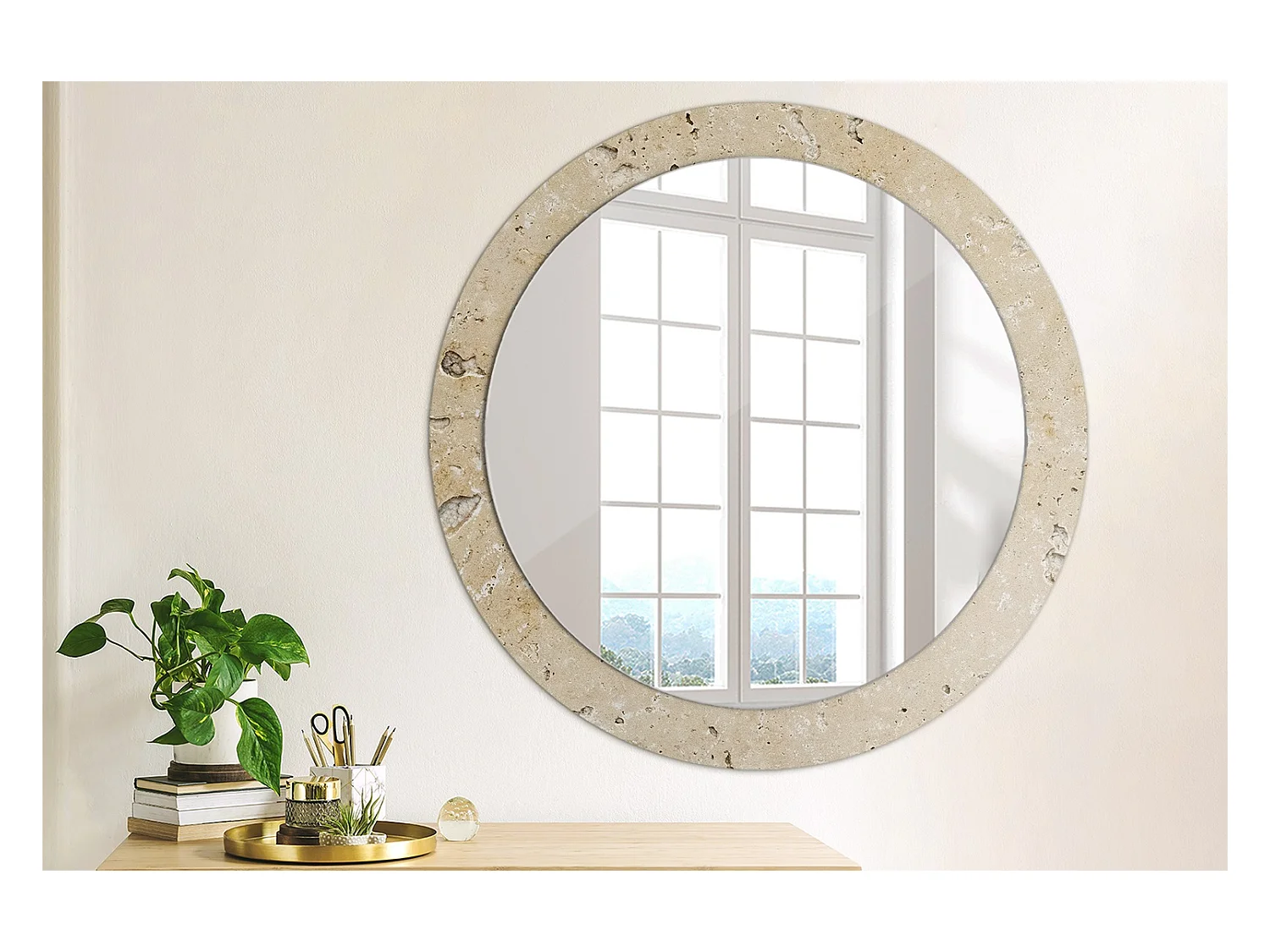 Dekorativer runder Spiegel - Steinoptik - 80 cm