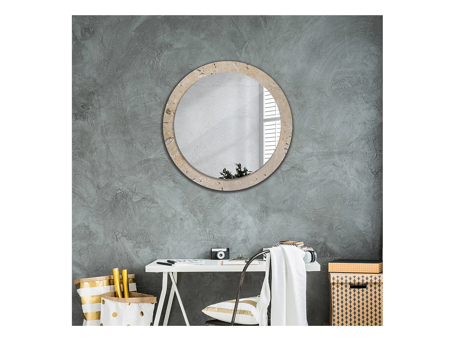 Miroir rond décoratif - Imitation pierre - 80 cm