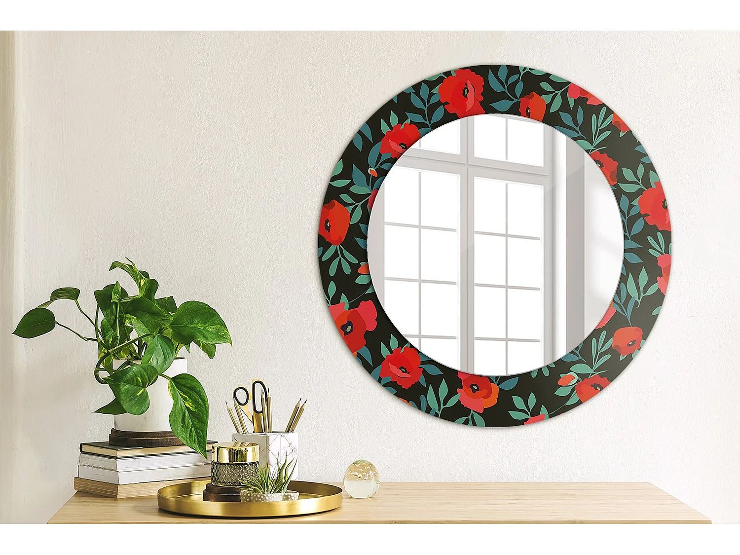 Miroir rond décoratif - Coquelicot rouge - 50 cm