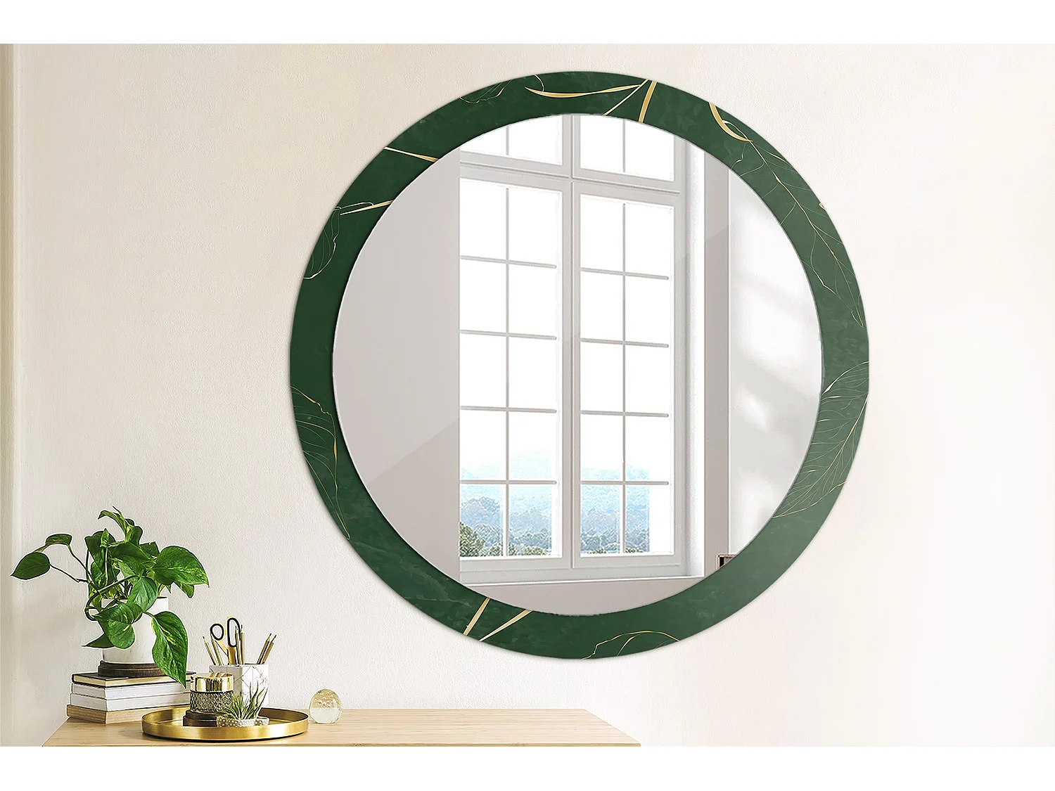 Miroir rond décoratif - Contour feuilles - 90 cm