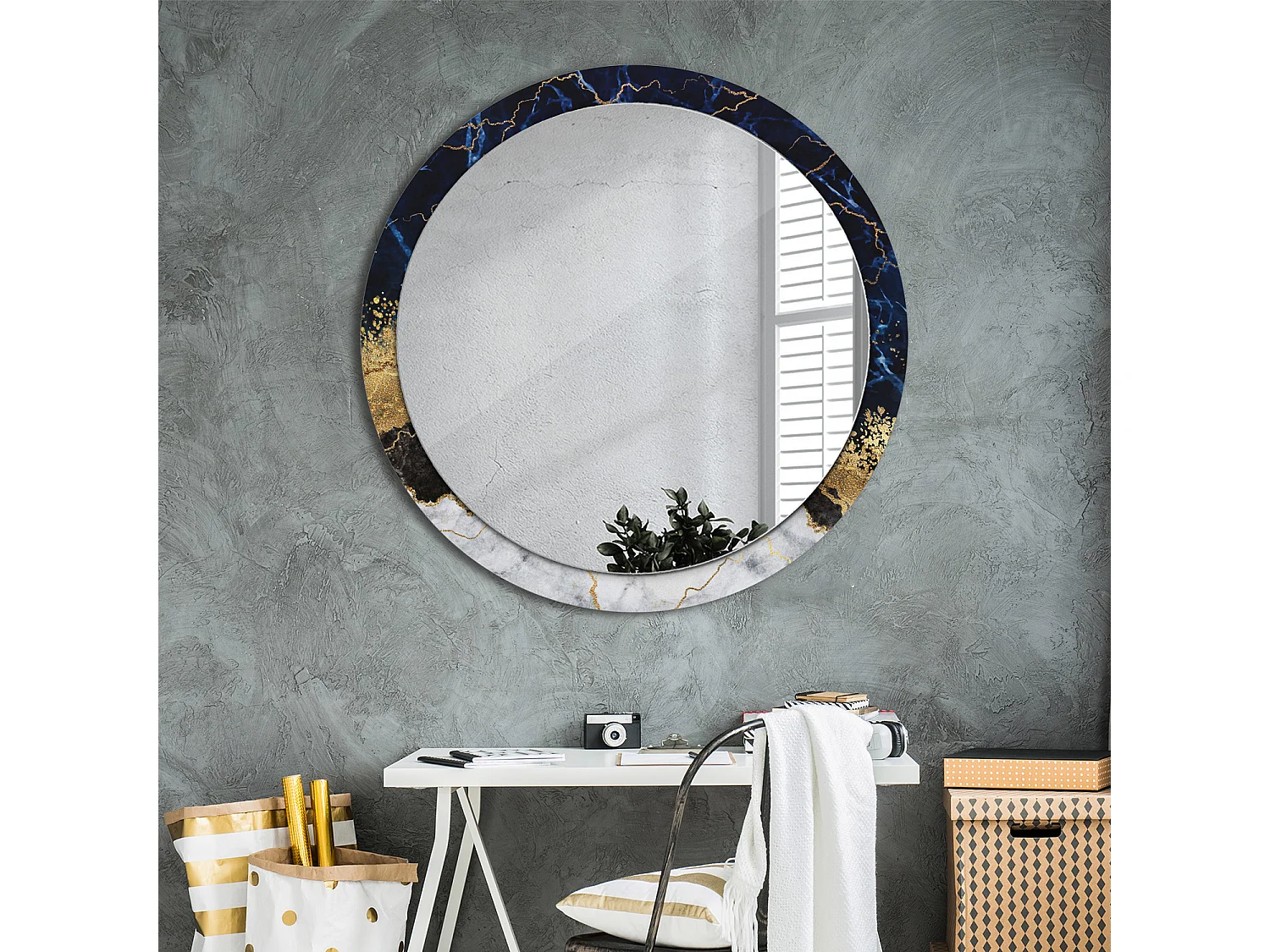 Runder dekorativer Spiegel - Blauer Marmor - 100 cm