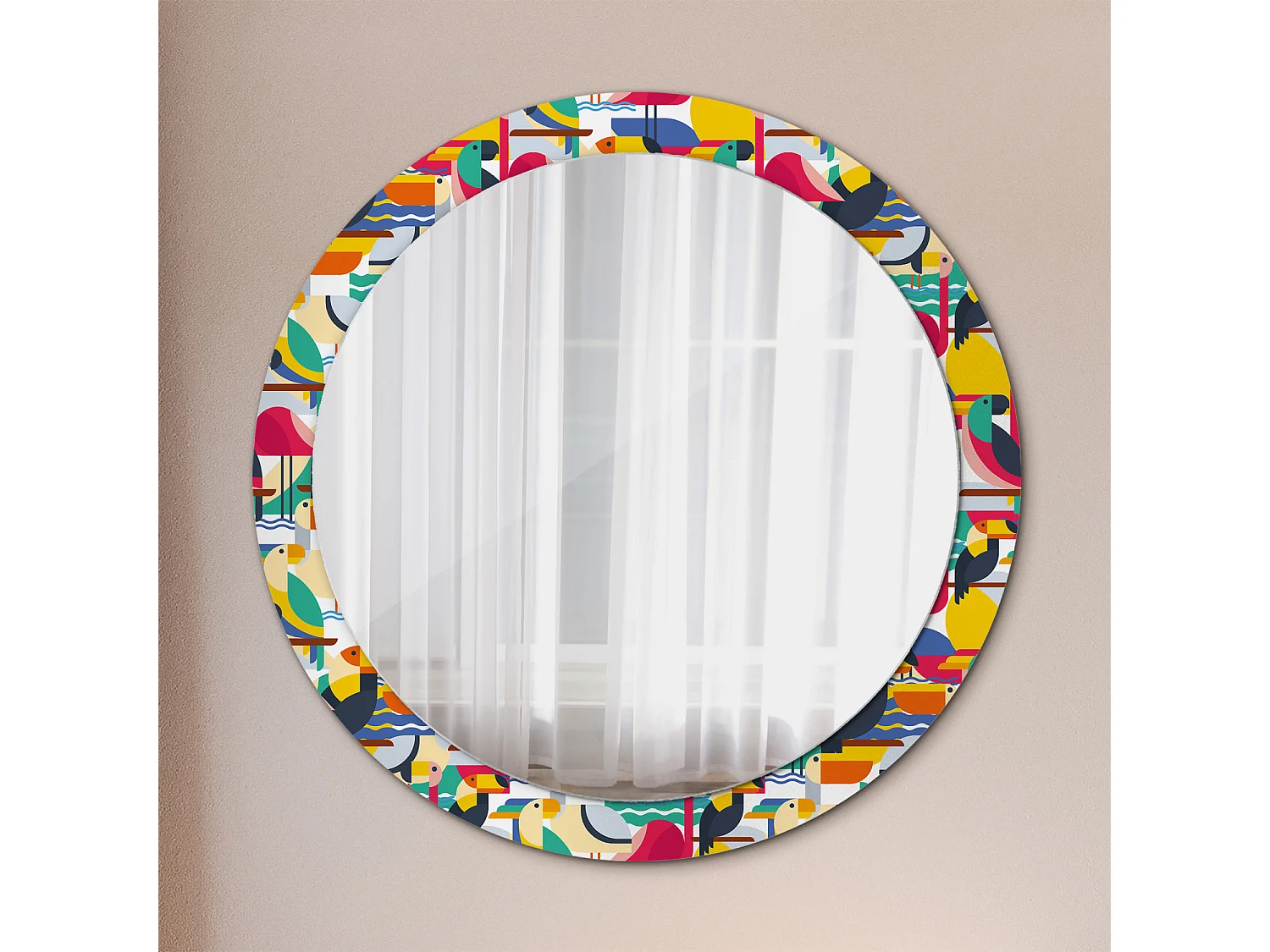 Dekorativer runder Spiegel - Geometrische tropische Vögel - 90 cm