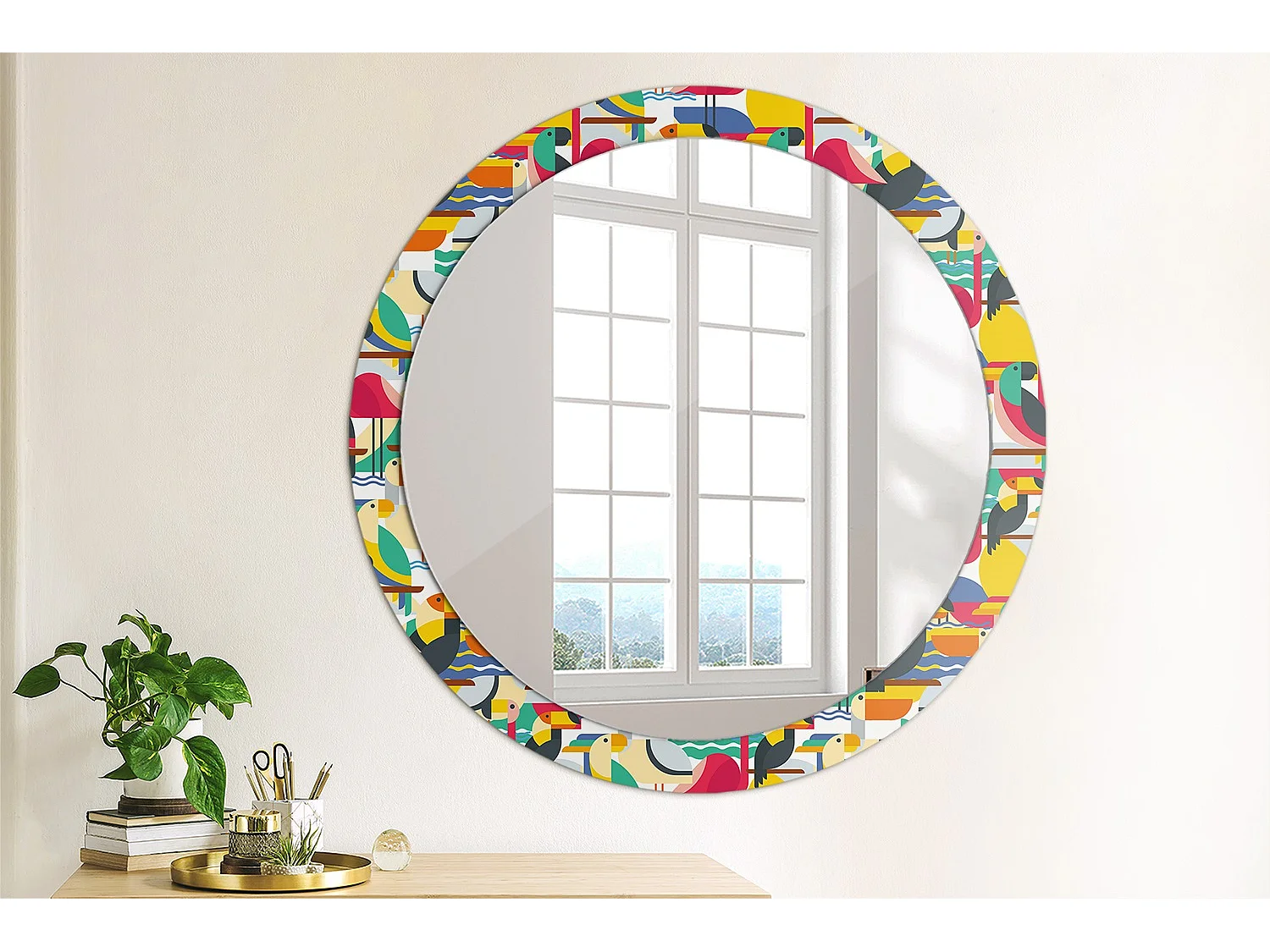 Dekorativer runder Spiegel - Geometrische tropische Vögel - 90 cm