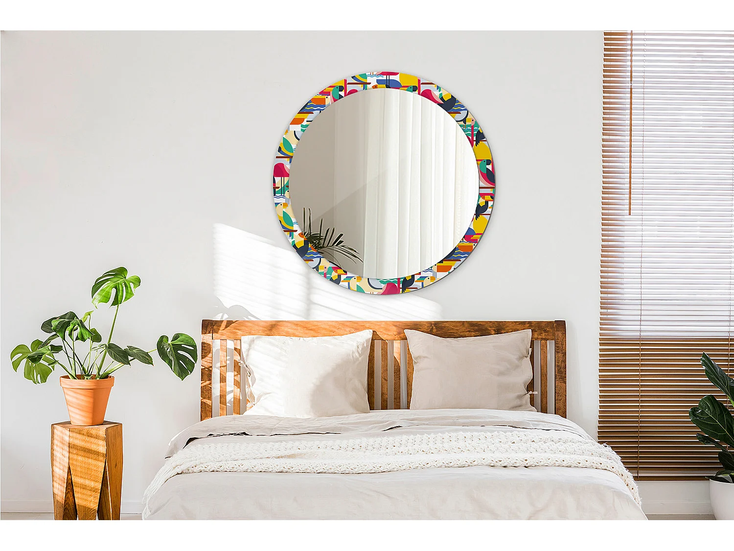 Dekorativer runder Spiegel - Geometrische tropische Vögel - 90 cm