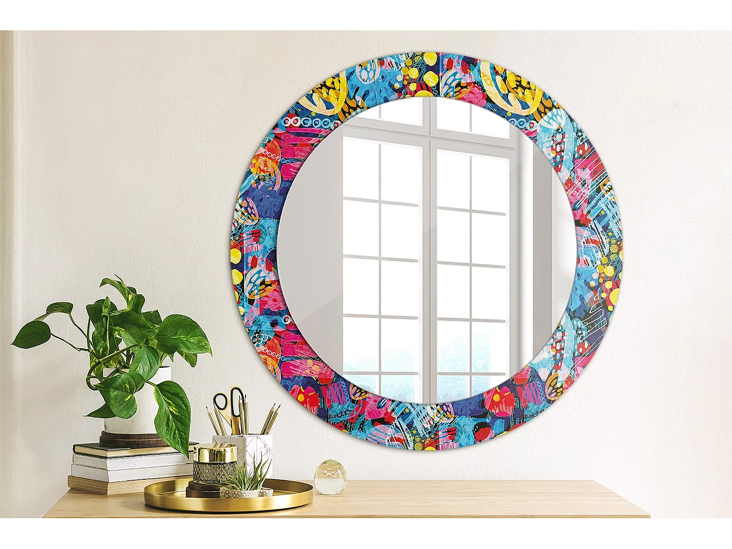 Miroir rond décoratif - Griffonnages colorés - 70 cm