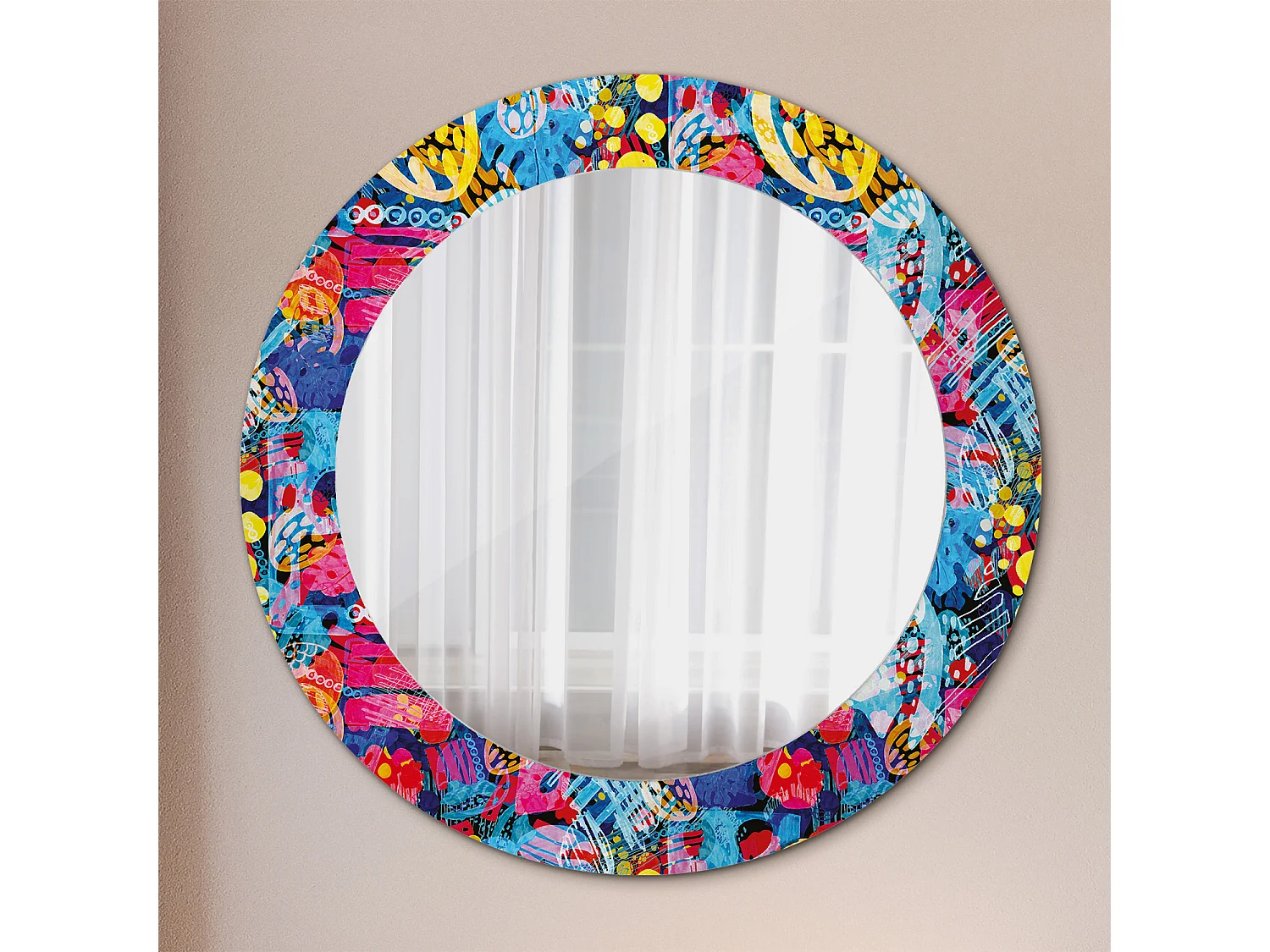 Miroir rond décoratif - Griffonnages colorés - 70 cm