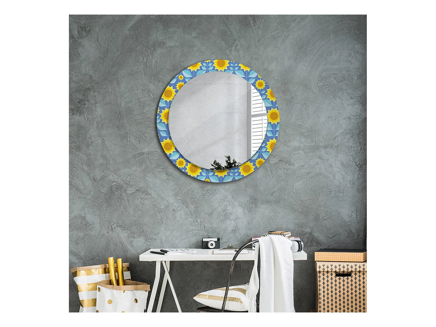 Miroir rond décoratif - Tournesols géométriques - 70 cm
