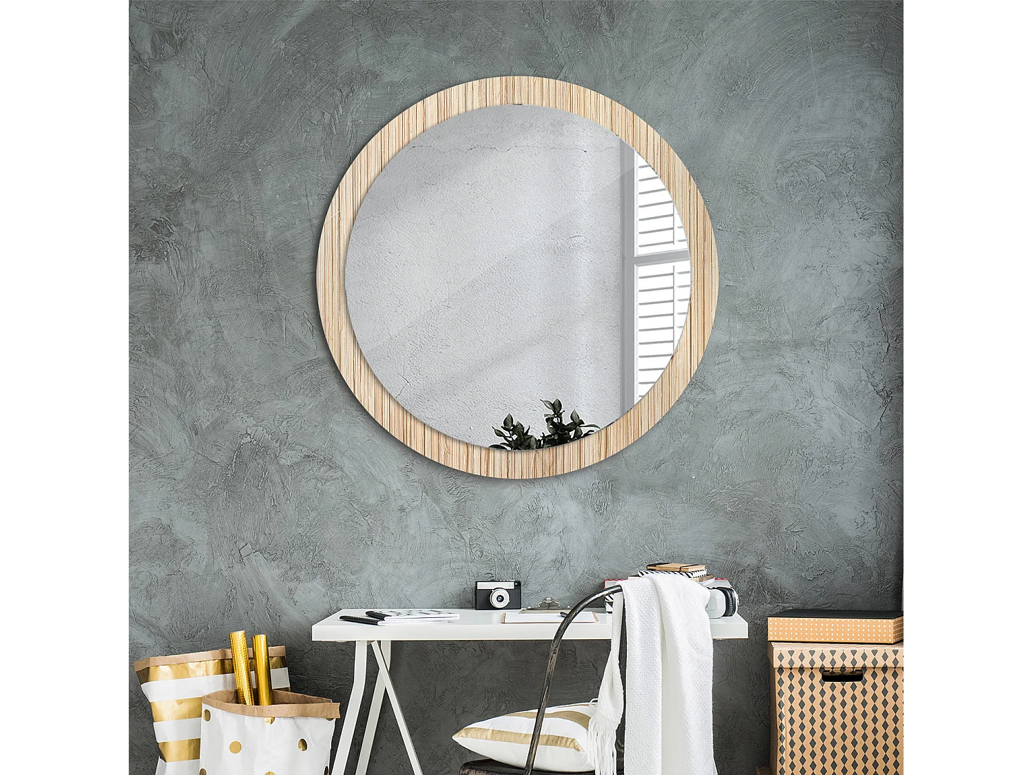 Miroir rond décoratif - Paille de bambou - 90 cm