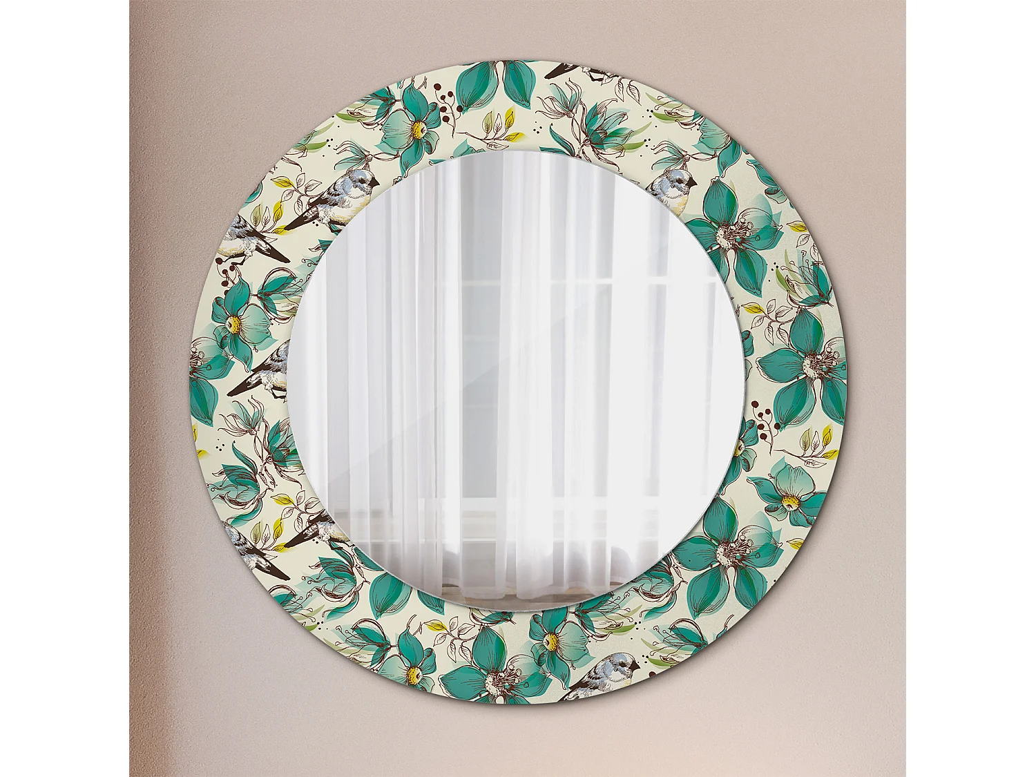 Decoratieve ronde spiegel - bloemen en vogels - 50 cm