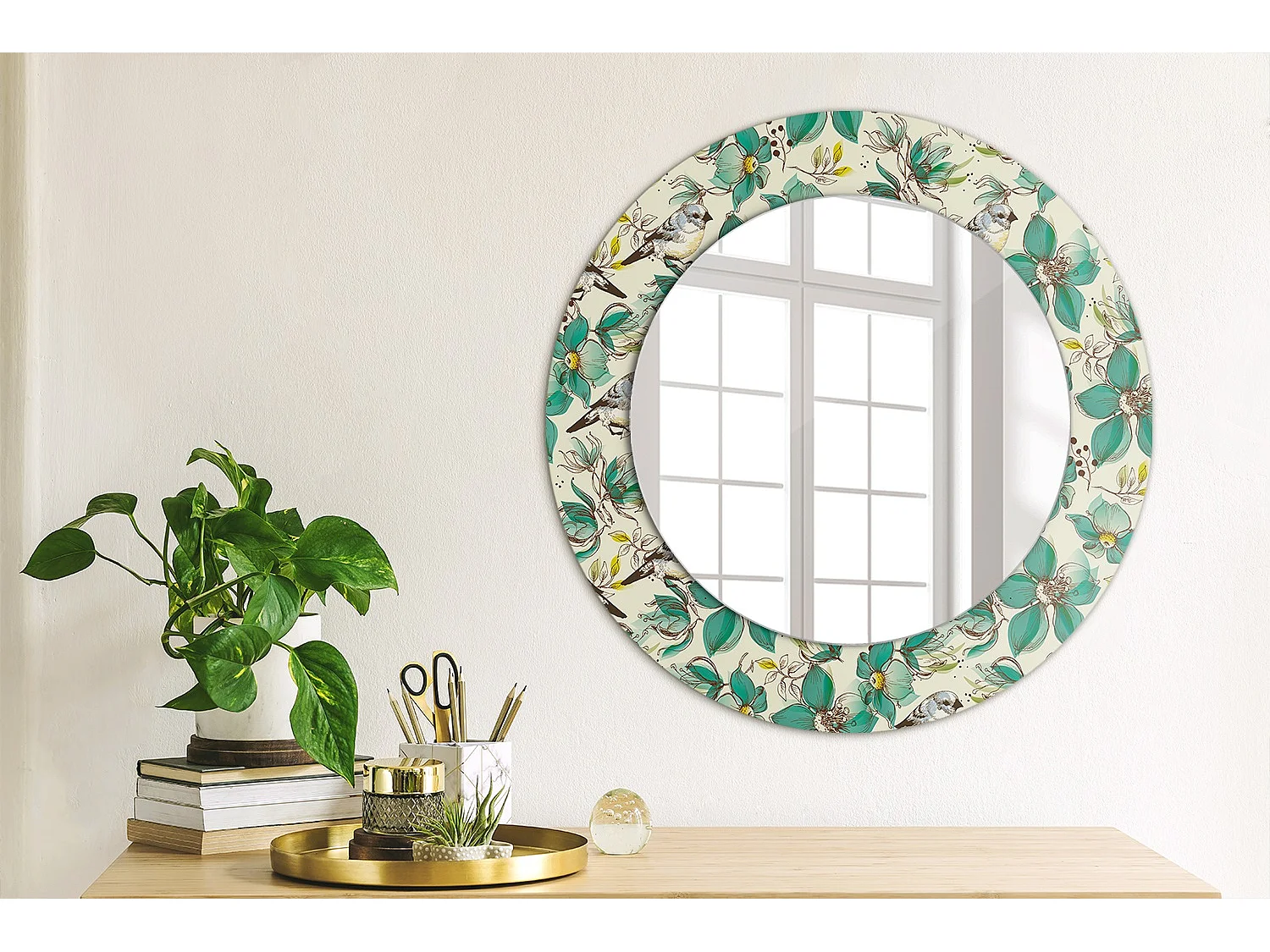 Decoratieve ronde spiegel - bloemen en vogels - 50 cm