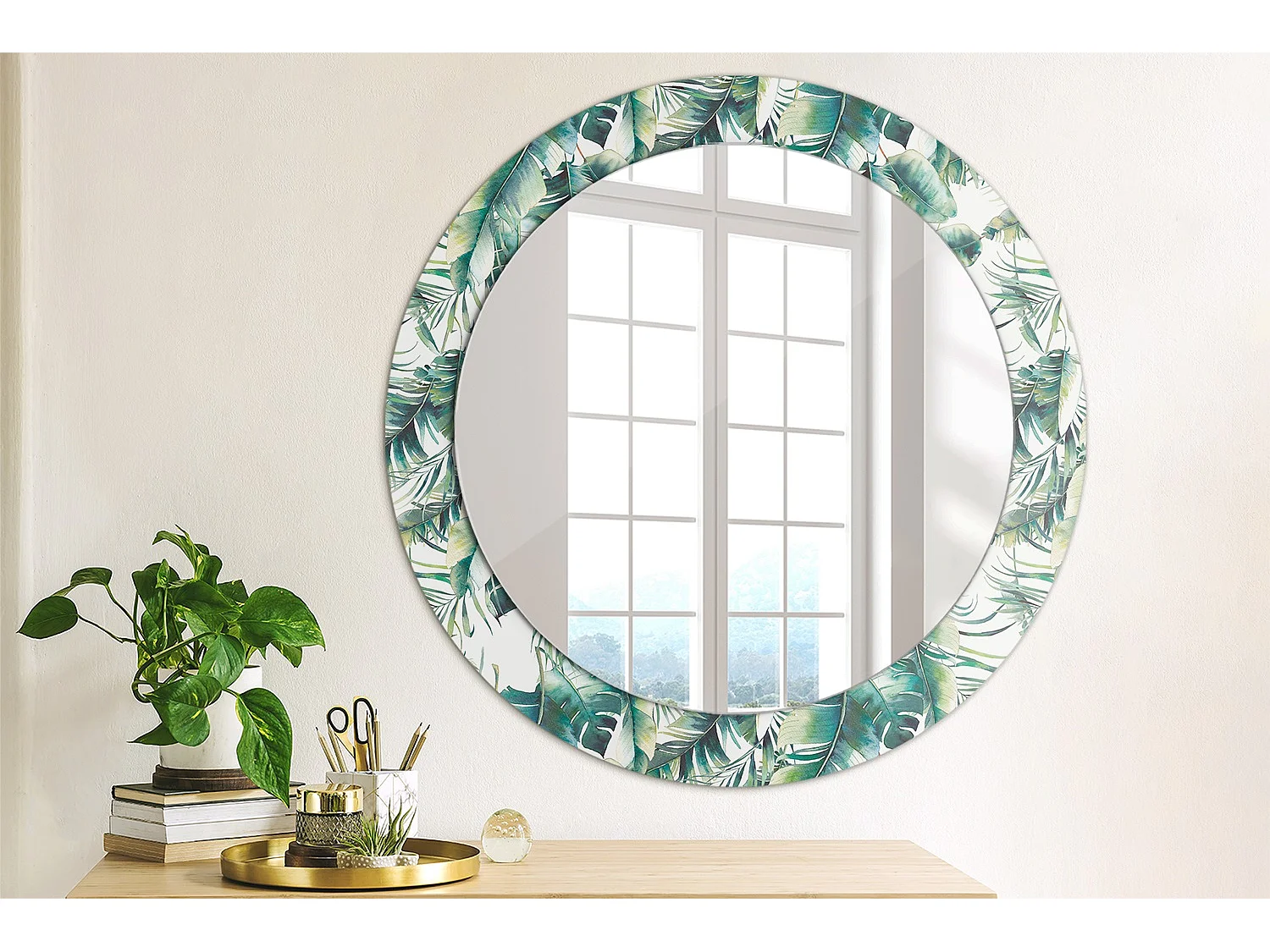 Miroir rond décoratif - Feuilles de bananier marron - 70 cm