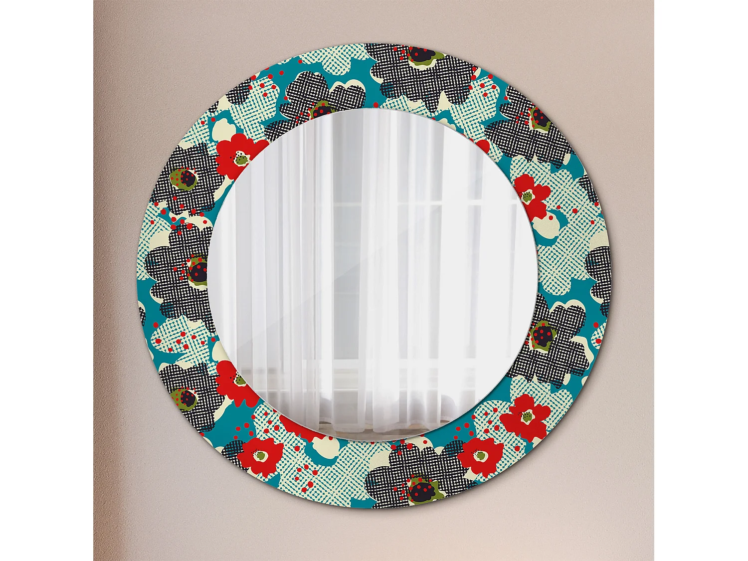 Miroir rond décoratif - Motif fleurs rétro - 50 cm