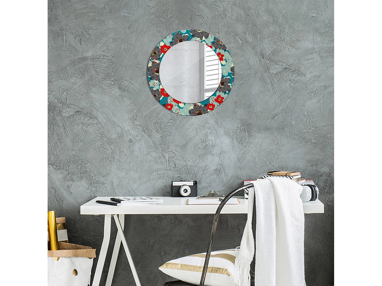 Miroir rond décoratif - Motif fleurs rétro - 50 cm