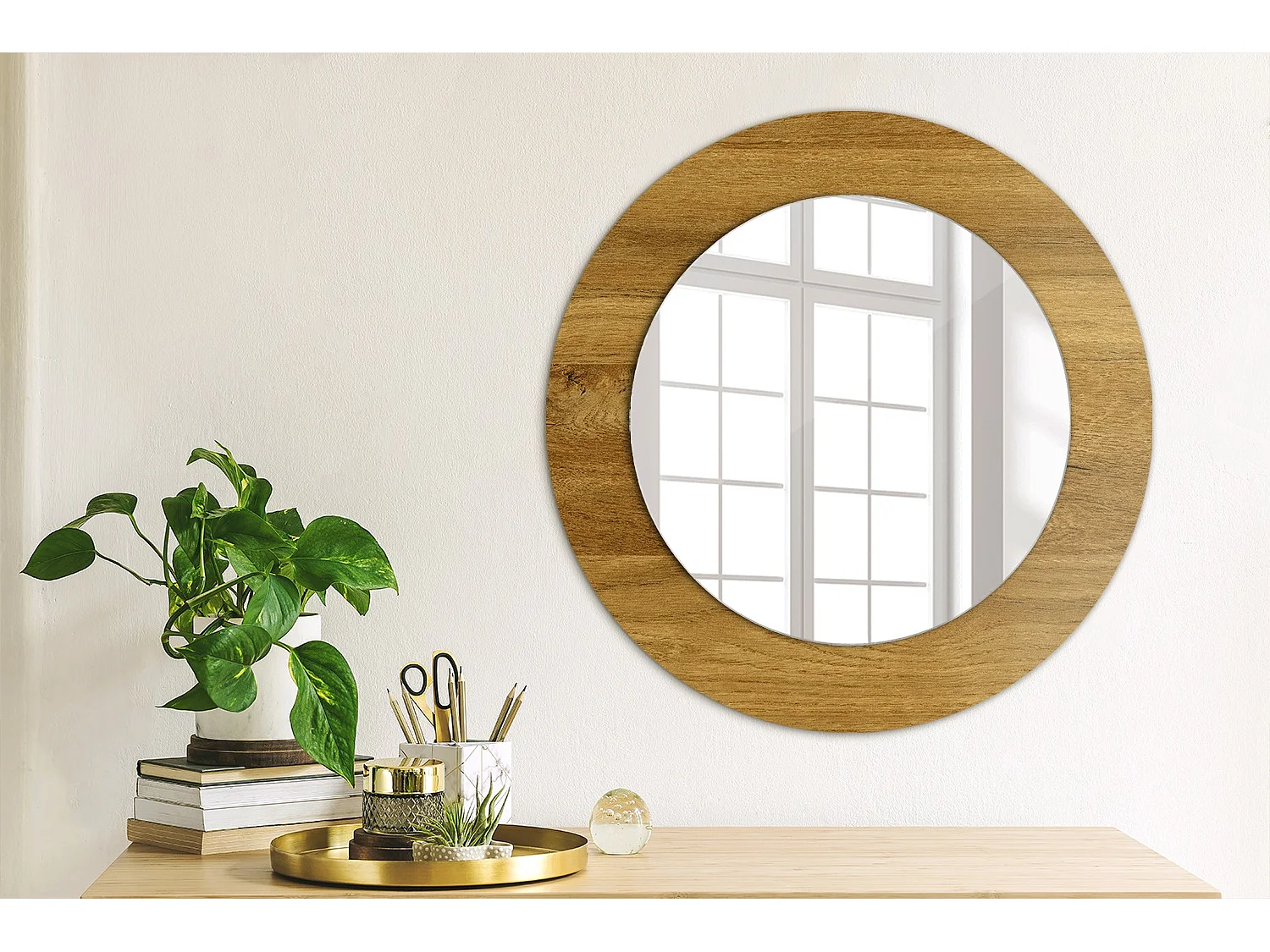 Runder dekorativer Spiegel - Rustikale Eiche - 50 cm