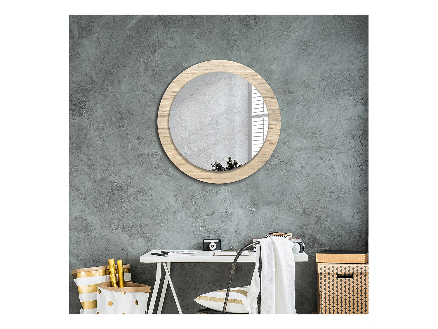 Miroir rond décoratif - Bois clair - 70 cm