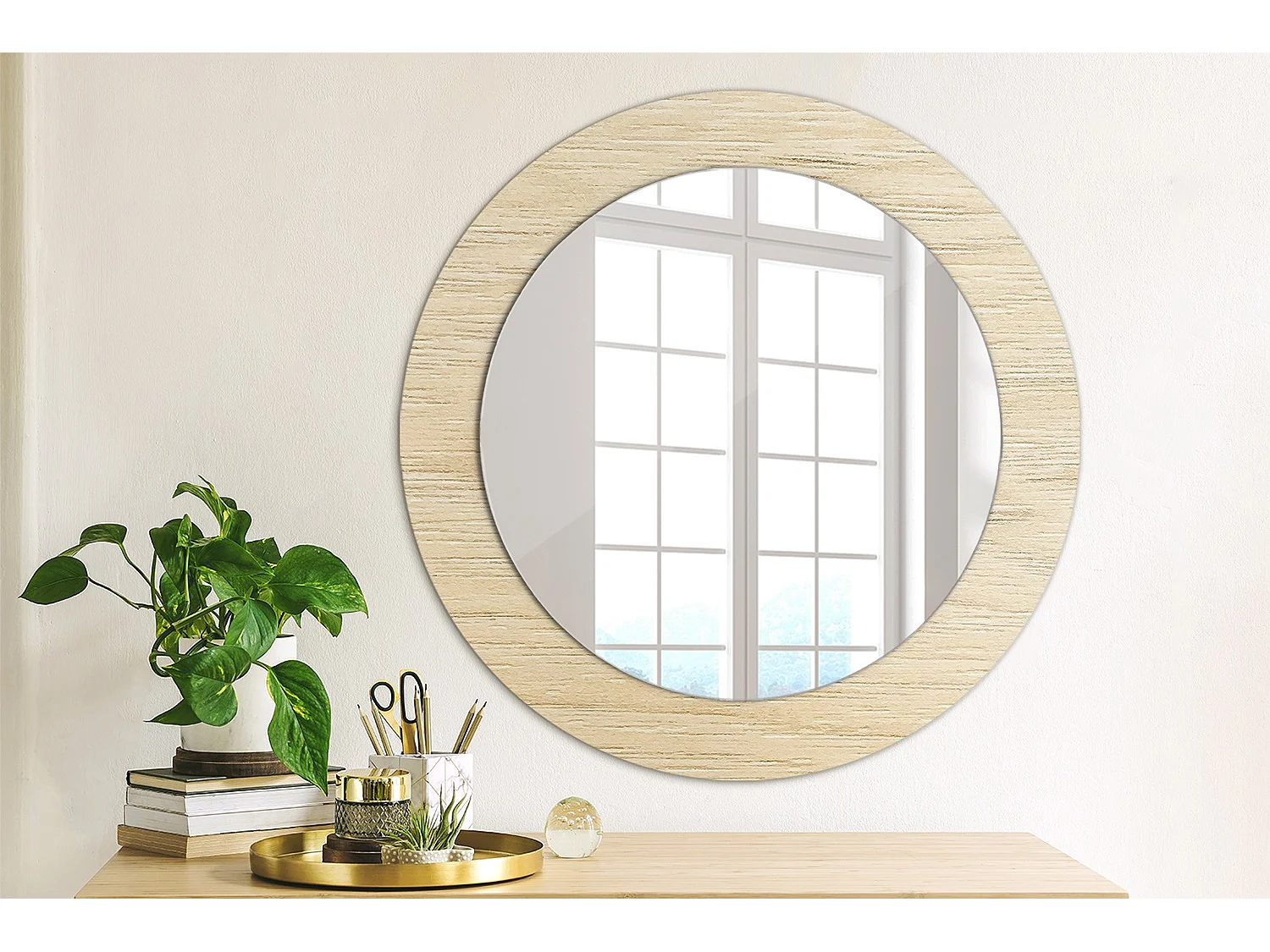 Miroir rond décoratif - Bois clair - 70 cm