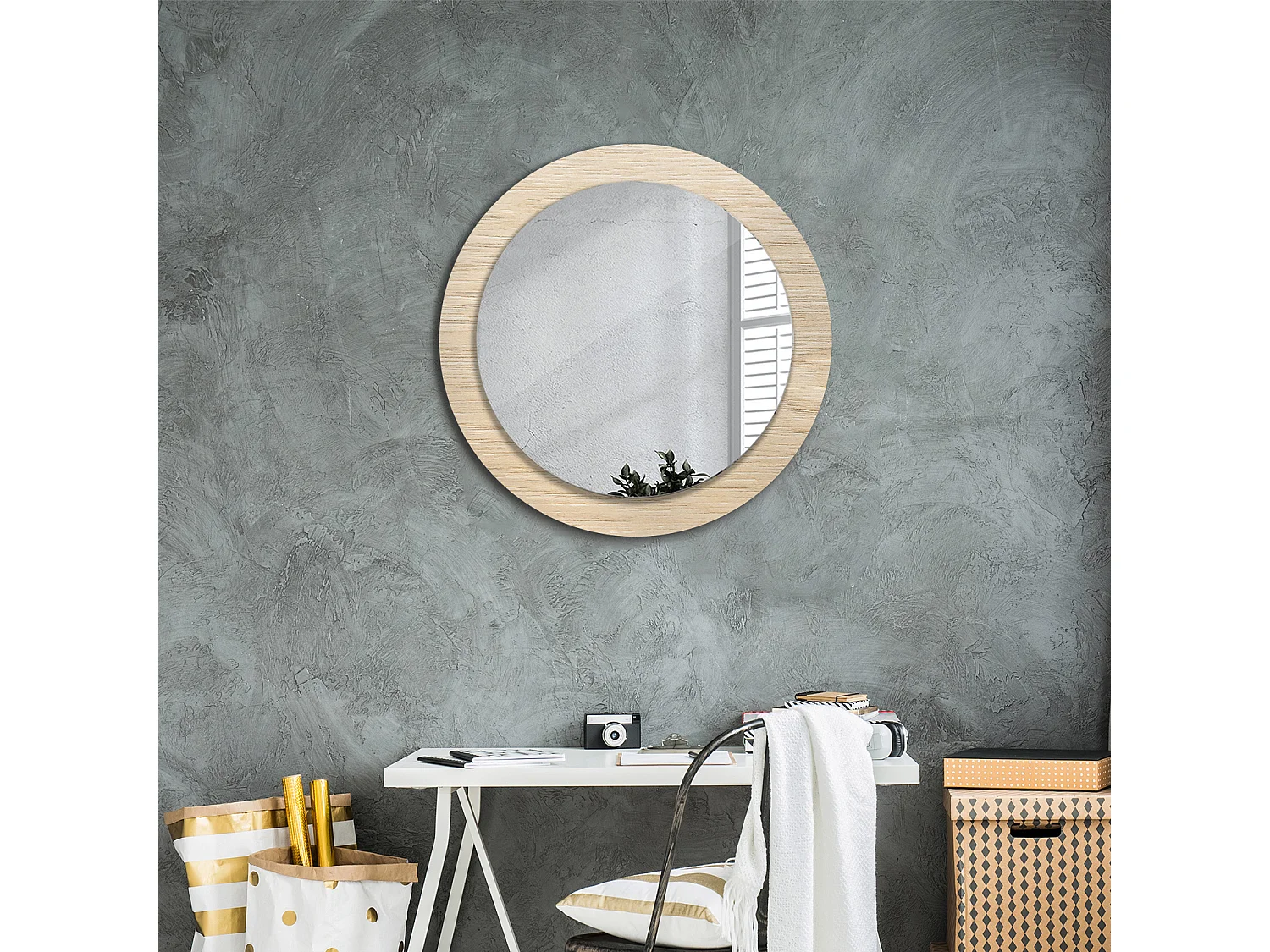 Miroir rond décoratif - Bois clair - 70 cm