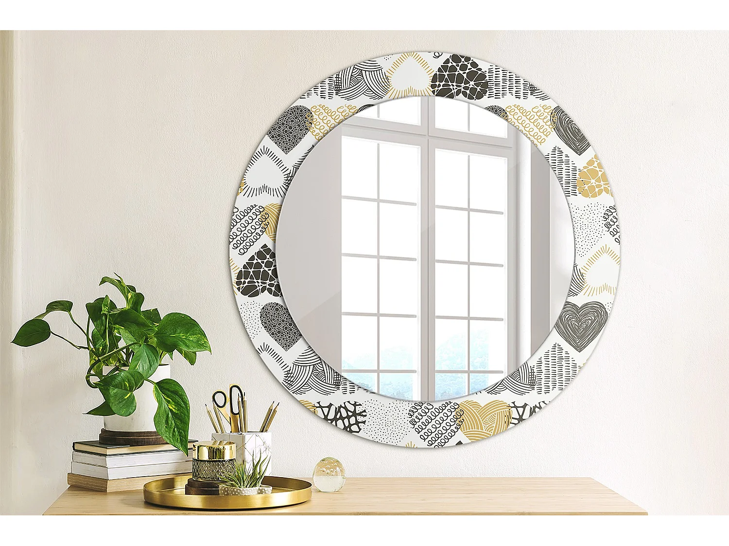 Dekorativer runder Spiegel – Herzen im Doodle-Stil – 60 cm