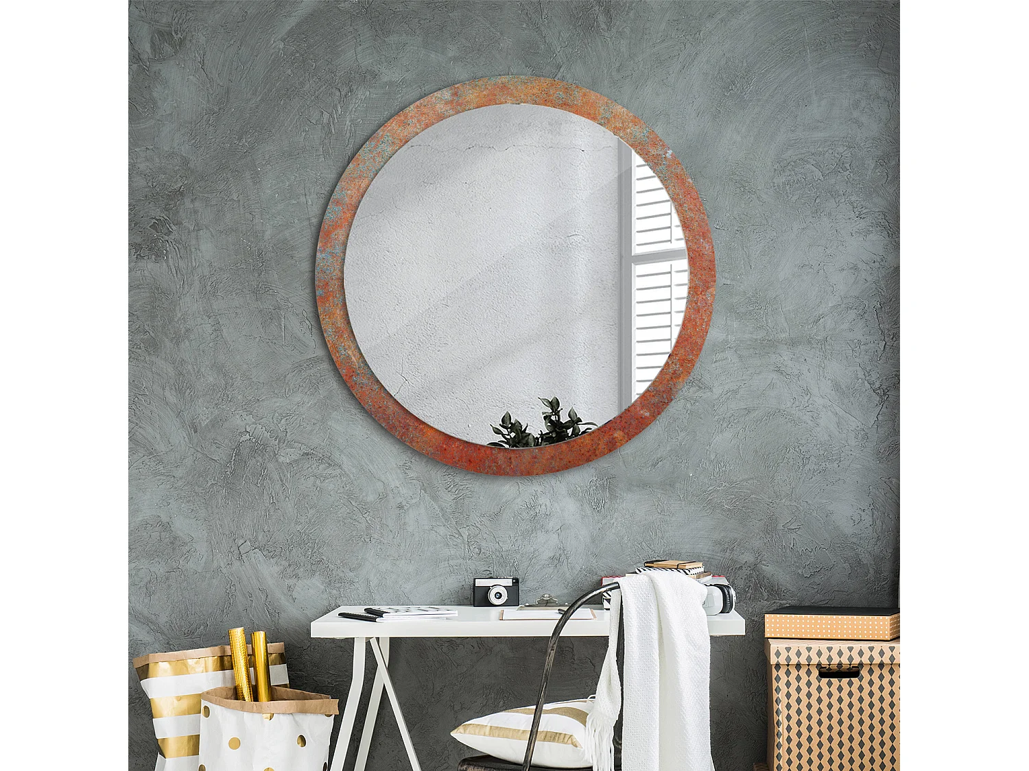 Decoratieve ronde spiegel - roestig metaal - 90 cm