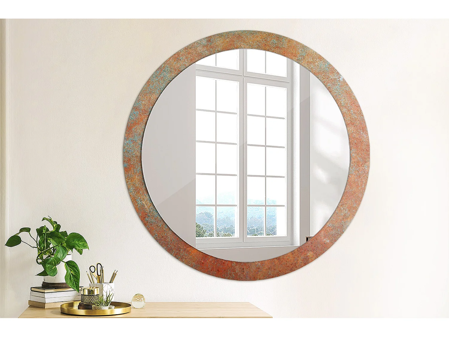 Decoratieve ronde spiegel - roestig metaal - 90 cm
