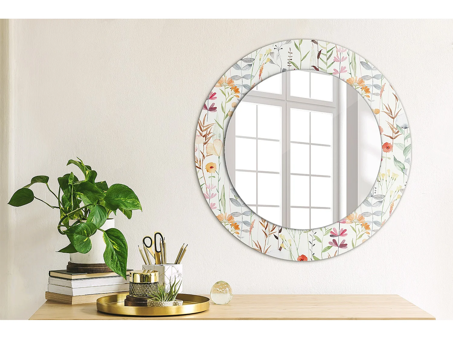 Specchio rotondo decorativo - Fiori di campo - 50 cm