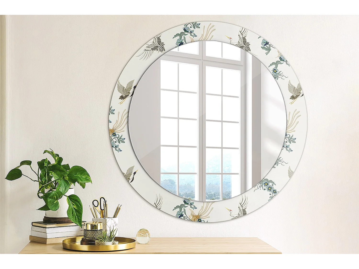 Dekorativer runder Spiegel - Chinesische Vögel - 60 cm
