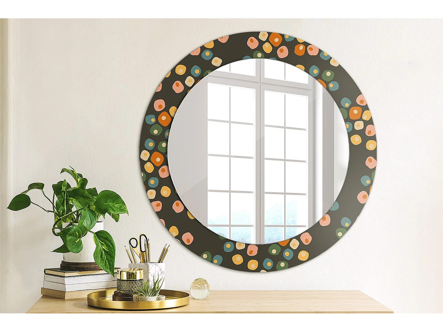 Miroir rond décoratif - Pois fleuris - 70 cm