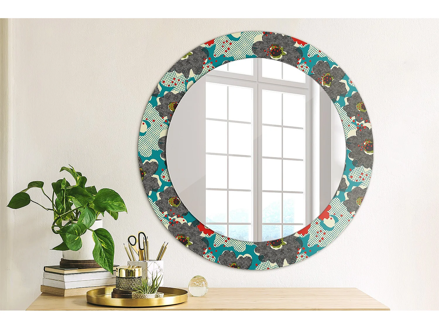 Dekorativer runder Spiegel - Retro-Blumendruck - 60 cm
