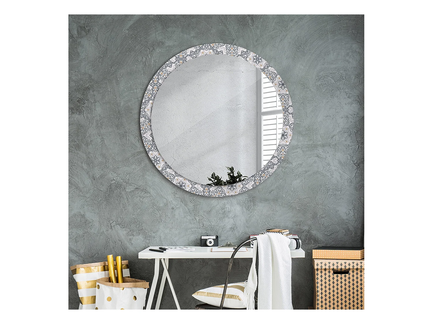 Miroir rond décoratif - Ornements géométriques - 90 cm