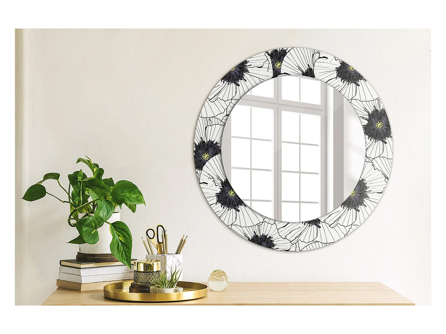 Miroir rond décoratif - Composition florale - 50 cm