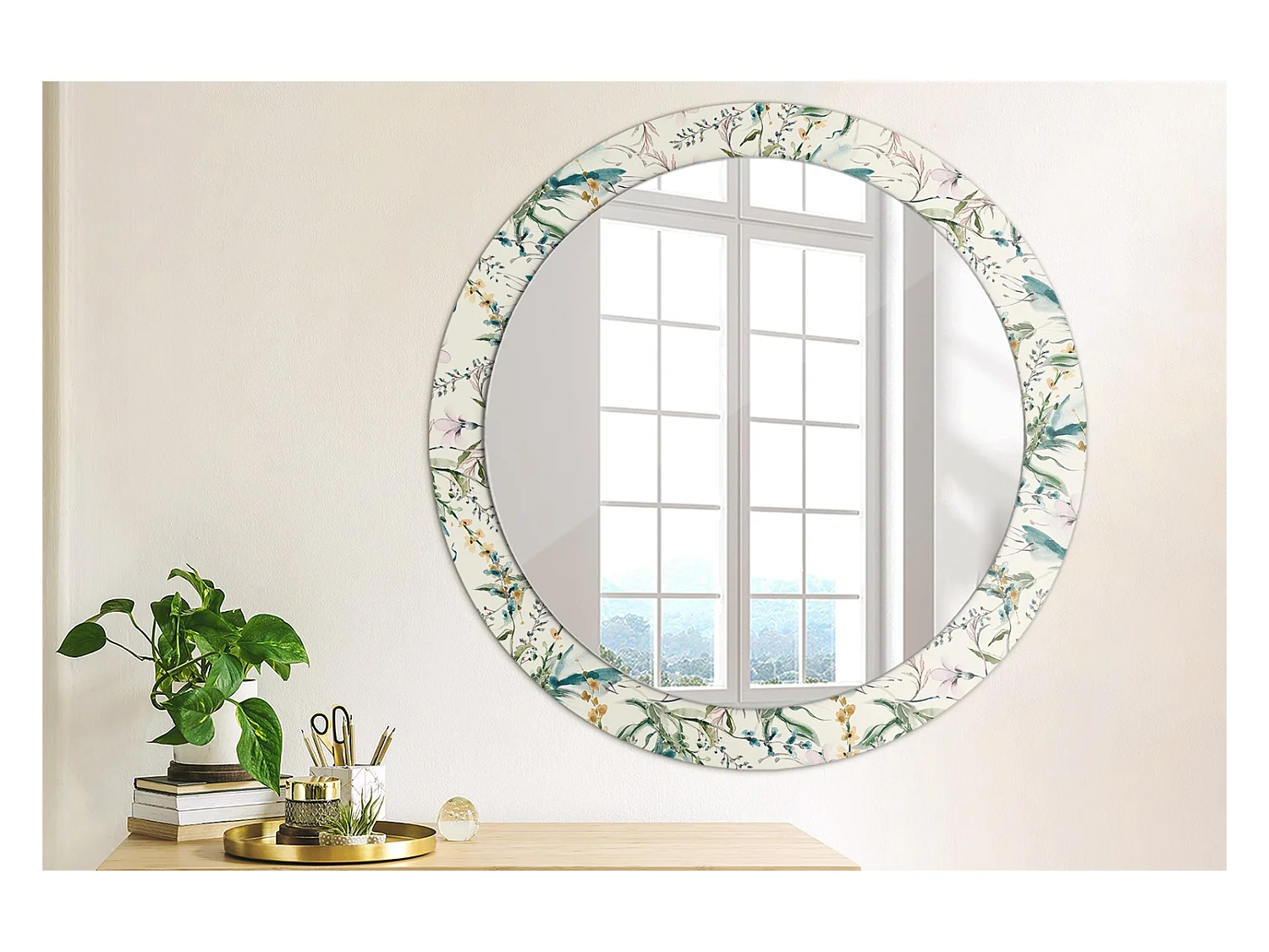 Dekorativer runder Spiegel - Aquarellblumen - 80 cm