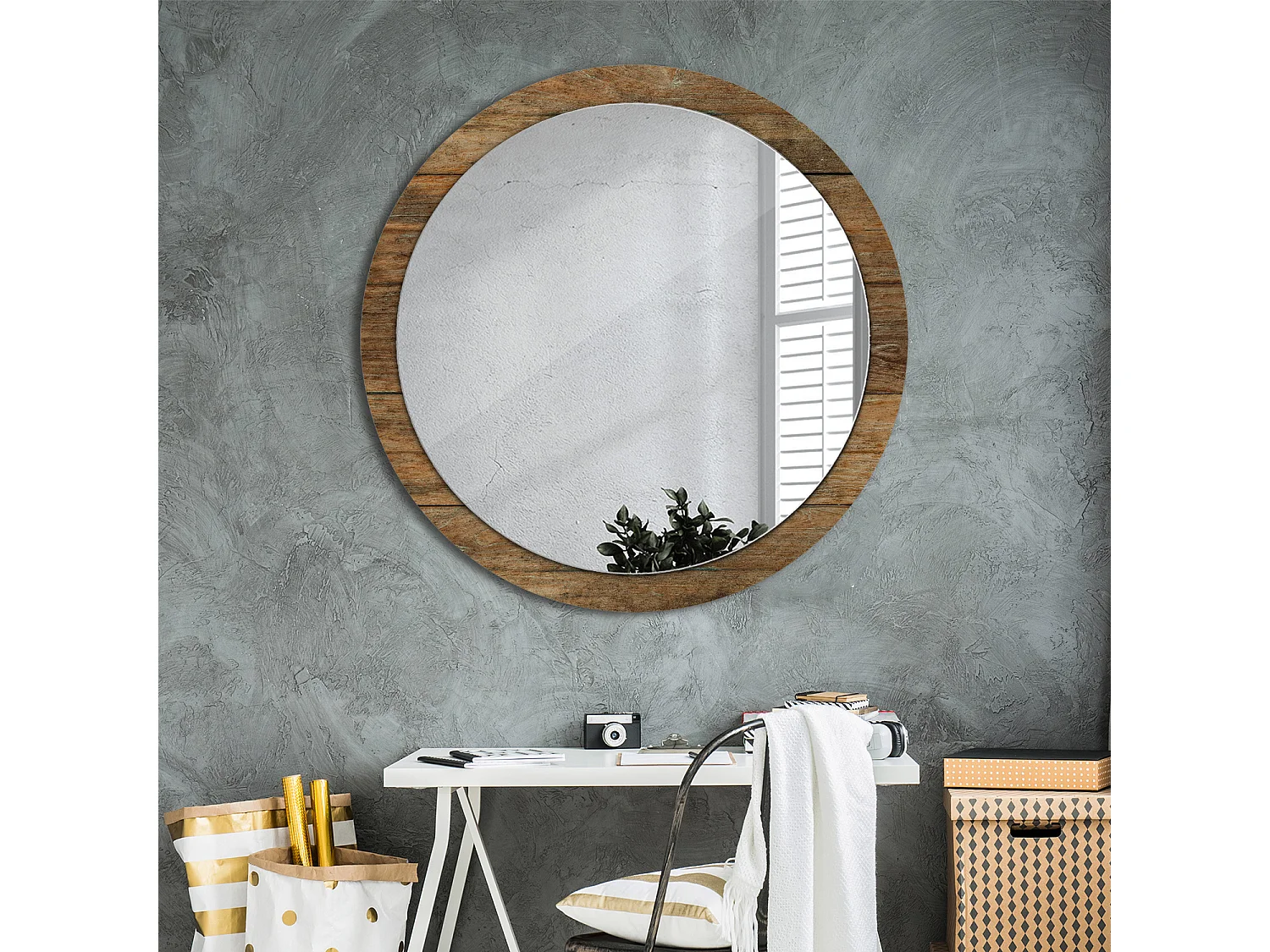 Miroir rond décoratif - Vieux bois - 100 cm