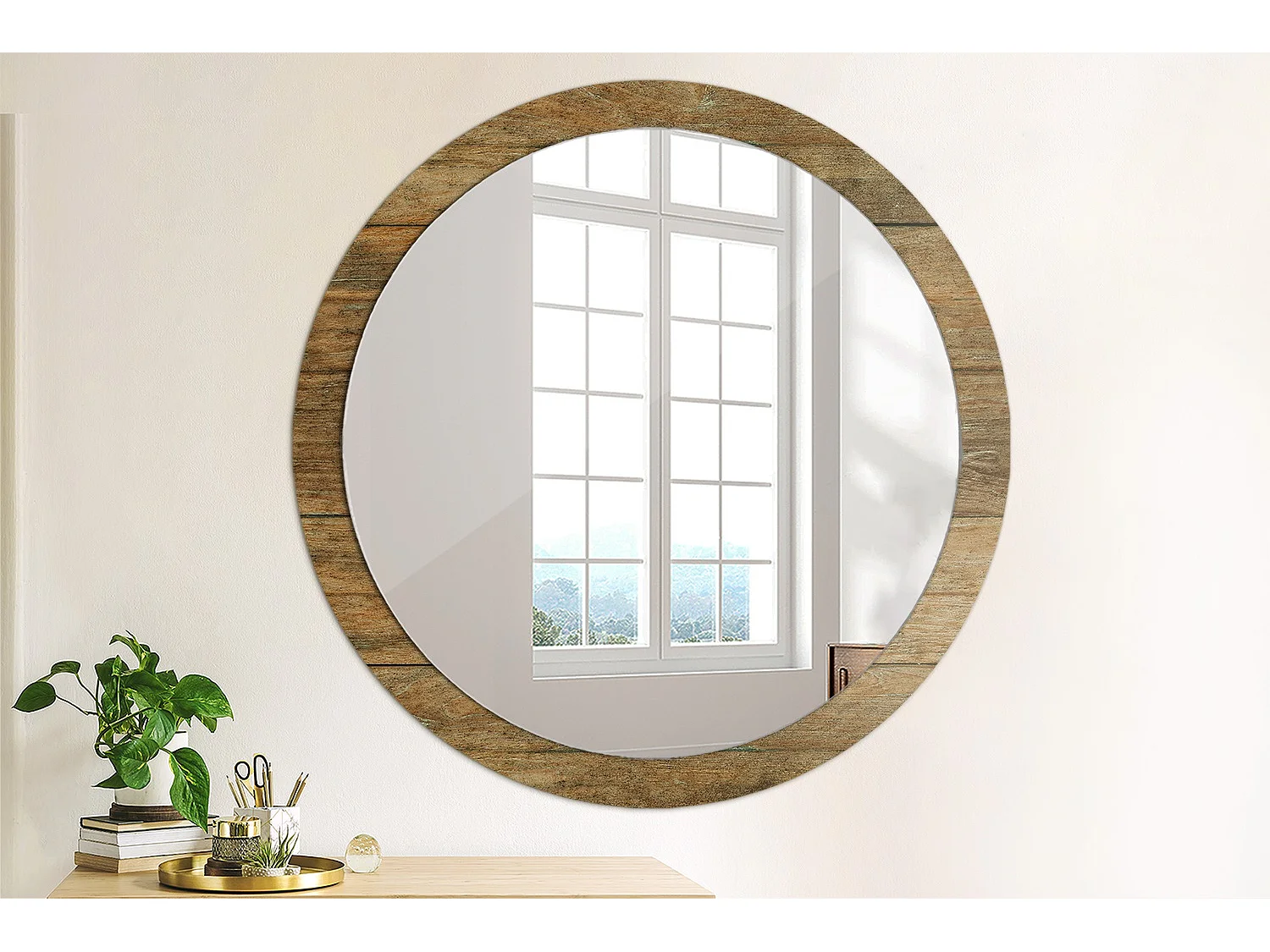Miroir rond décoratif - Vieux bois - 100 cm