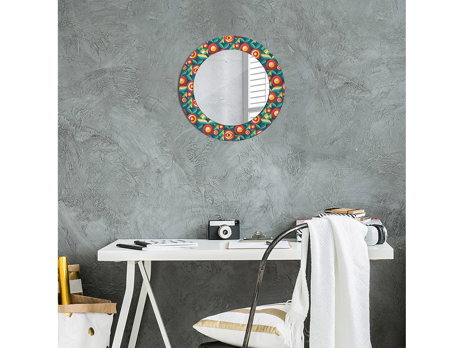 Miroir rond décoratif - Fruits et feuilles géométriques - 50 cm