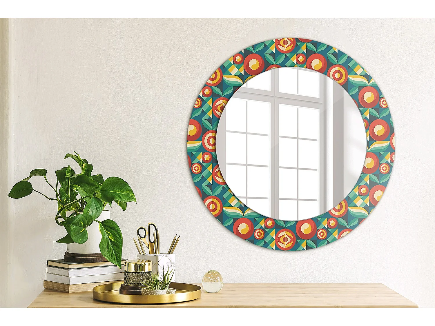 Miroir rond décoratif - Fruits et feuilles géométriques - 50 cm
