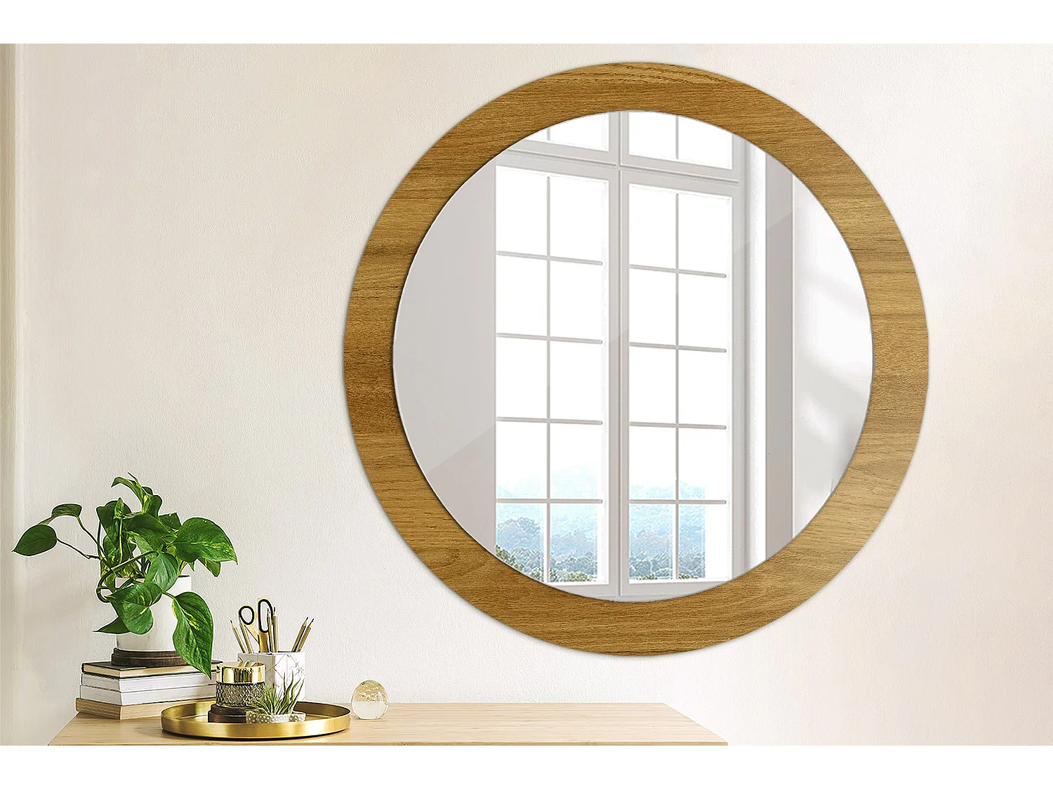 Ronde decoratieve spiegel - Rustiek eikenhout - 80 cm