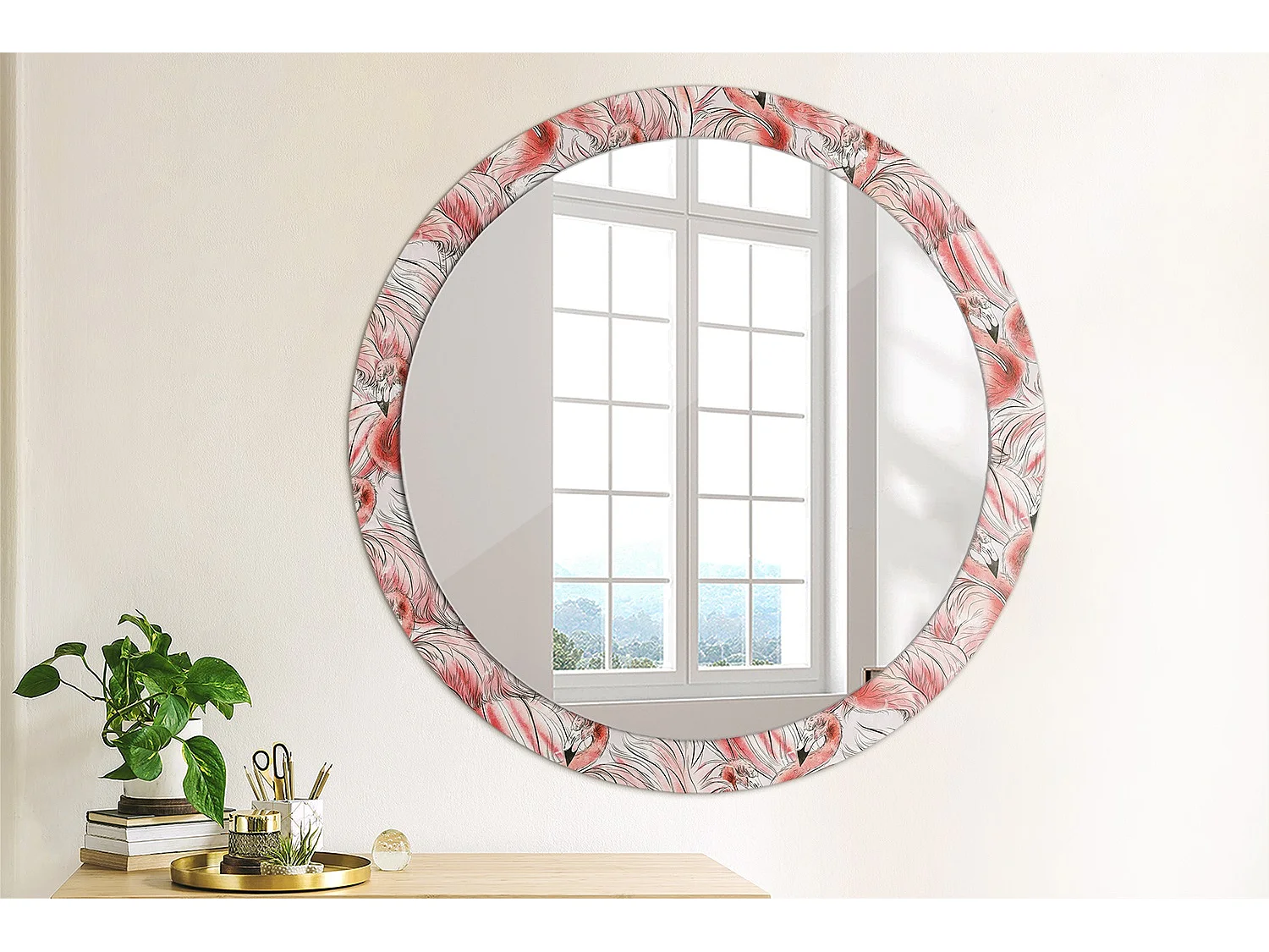 Ronde decoratieve spiegel - Flamingo's - 90 cm