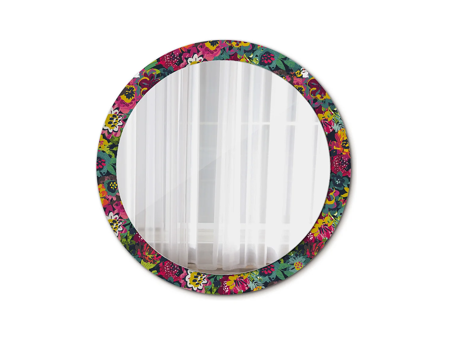 Miroir rond décoratif - Fleurs peintes - 90 cm