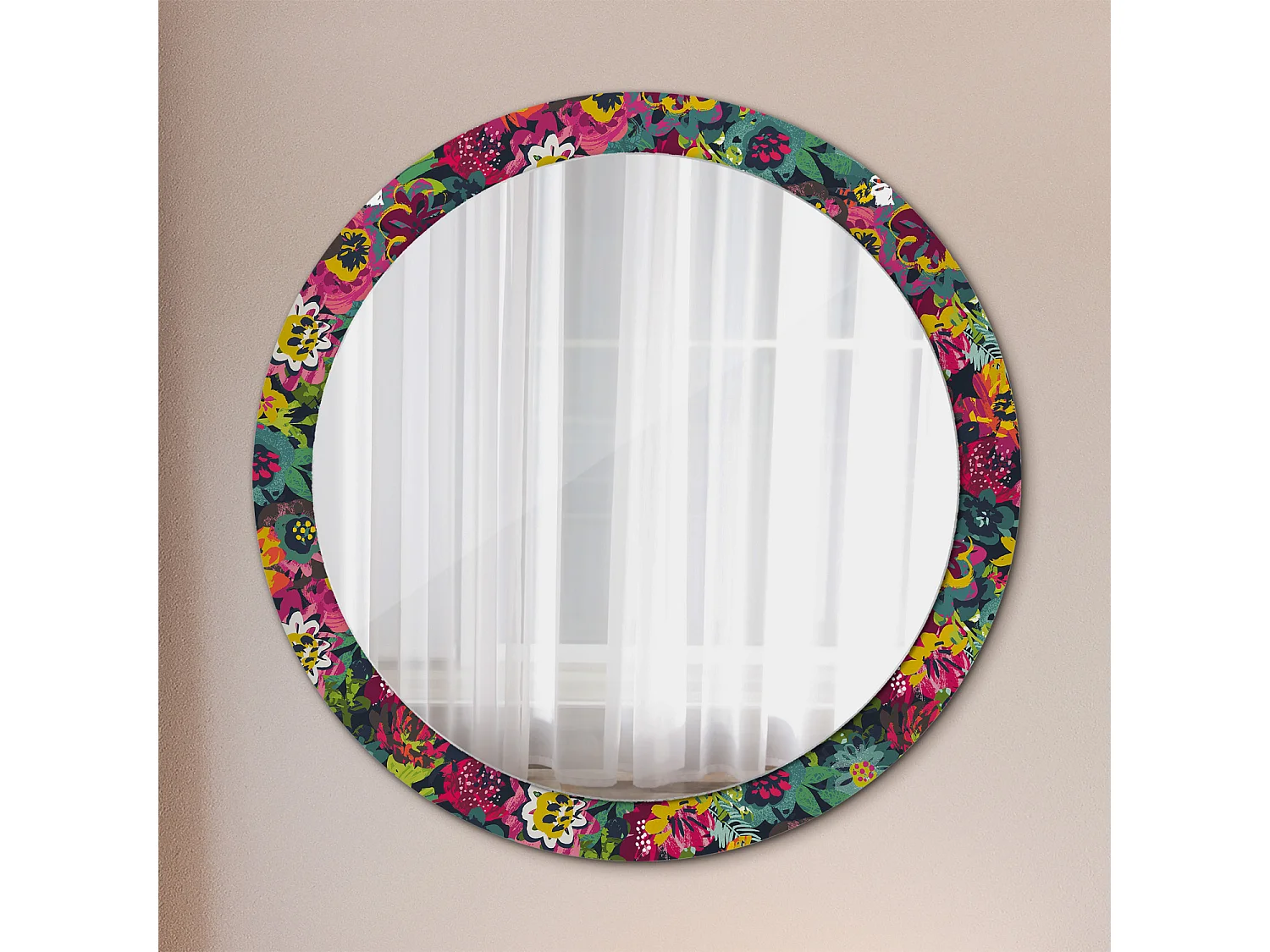 Miroir rond décoratif - Fleurs peintes - 90 cm