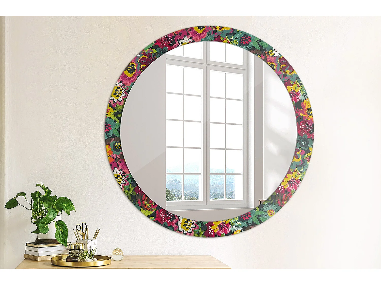 Miroir rond décoratif - Fleurs peintes - 90 cm