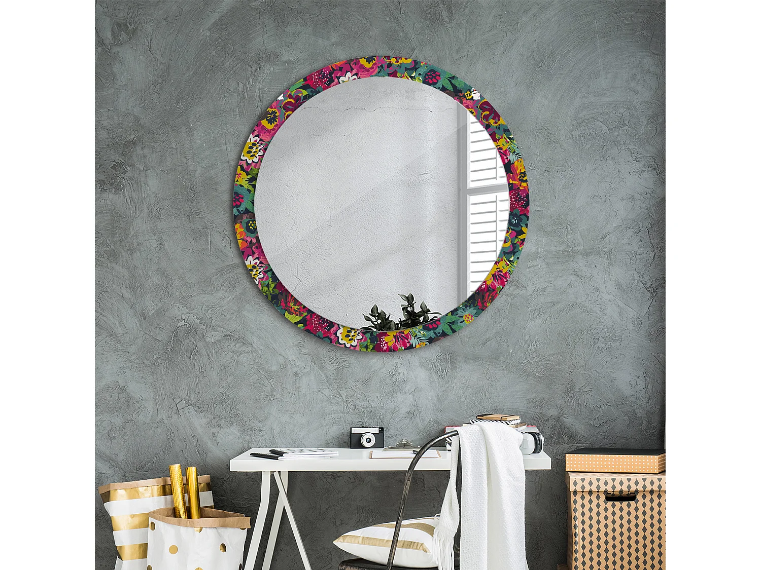 Miroir rond décoratif - Fleurs peintes - 90 cm