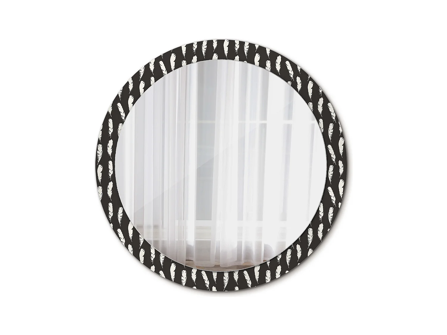 Miroir rond décoratif - Plumes noires et blanches - 90 cm