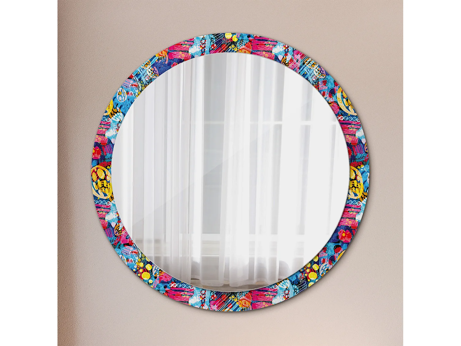 Miroir rond décoratif - Griffonnages colorés - 100 cm
