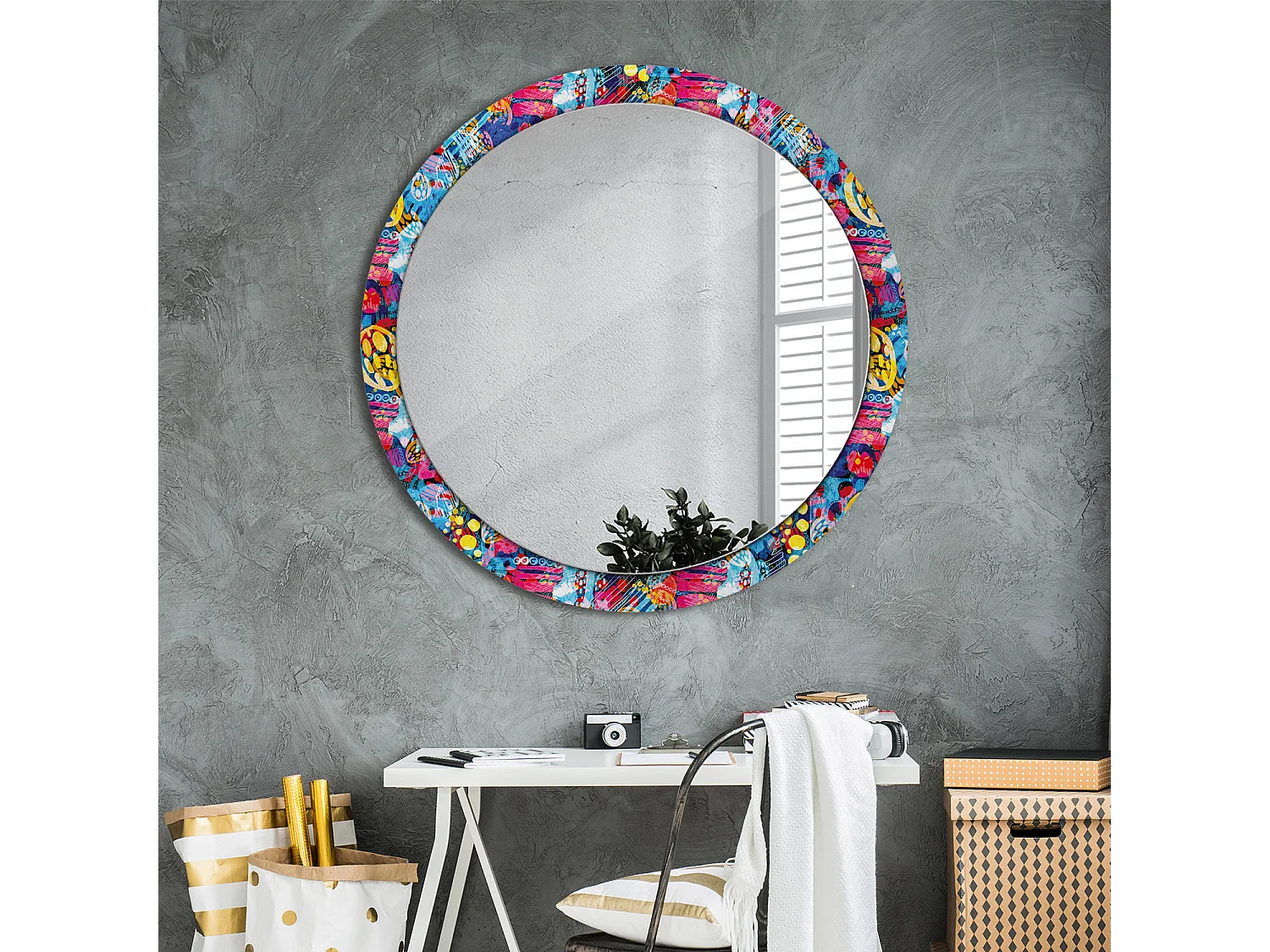 Miroir rond décoratif - Griffonnages colorés - 100 cm