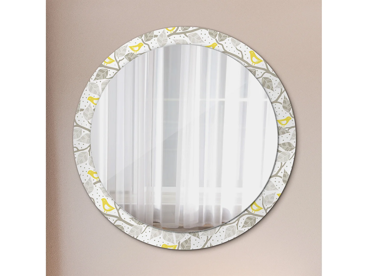 Runder dekorativer Spiegel – Gelbe Vögel auf Zweigen – 90 cm