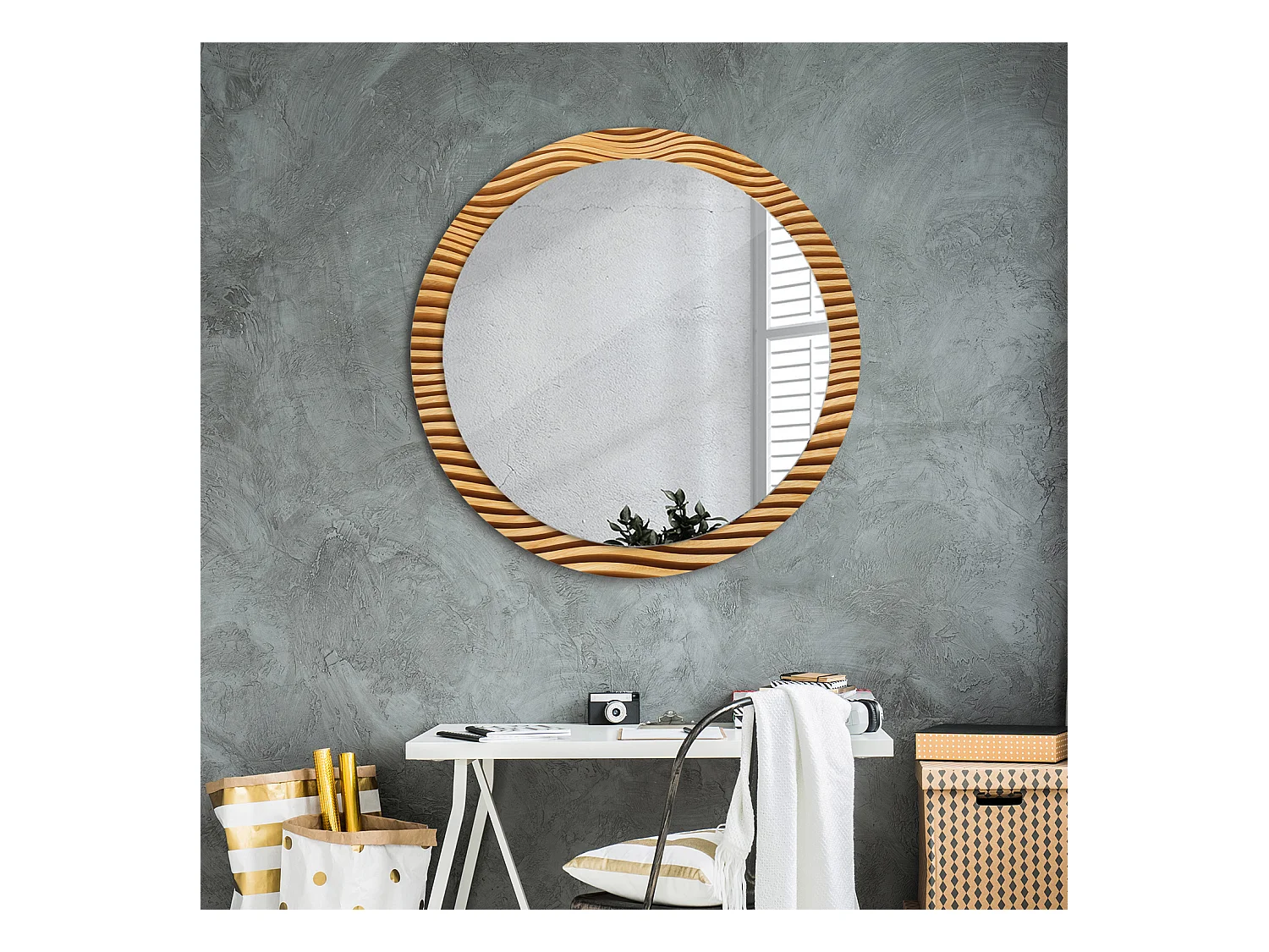 Miroir rond décoratif - Vague en bois - 90 cm