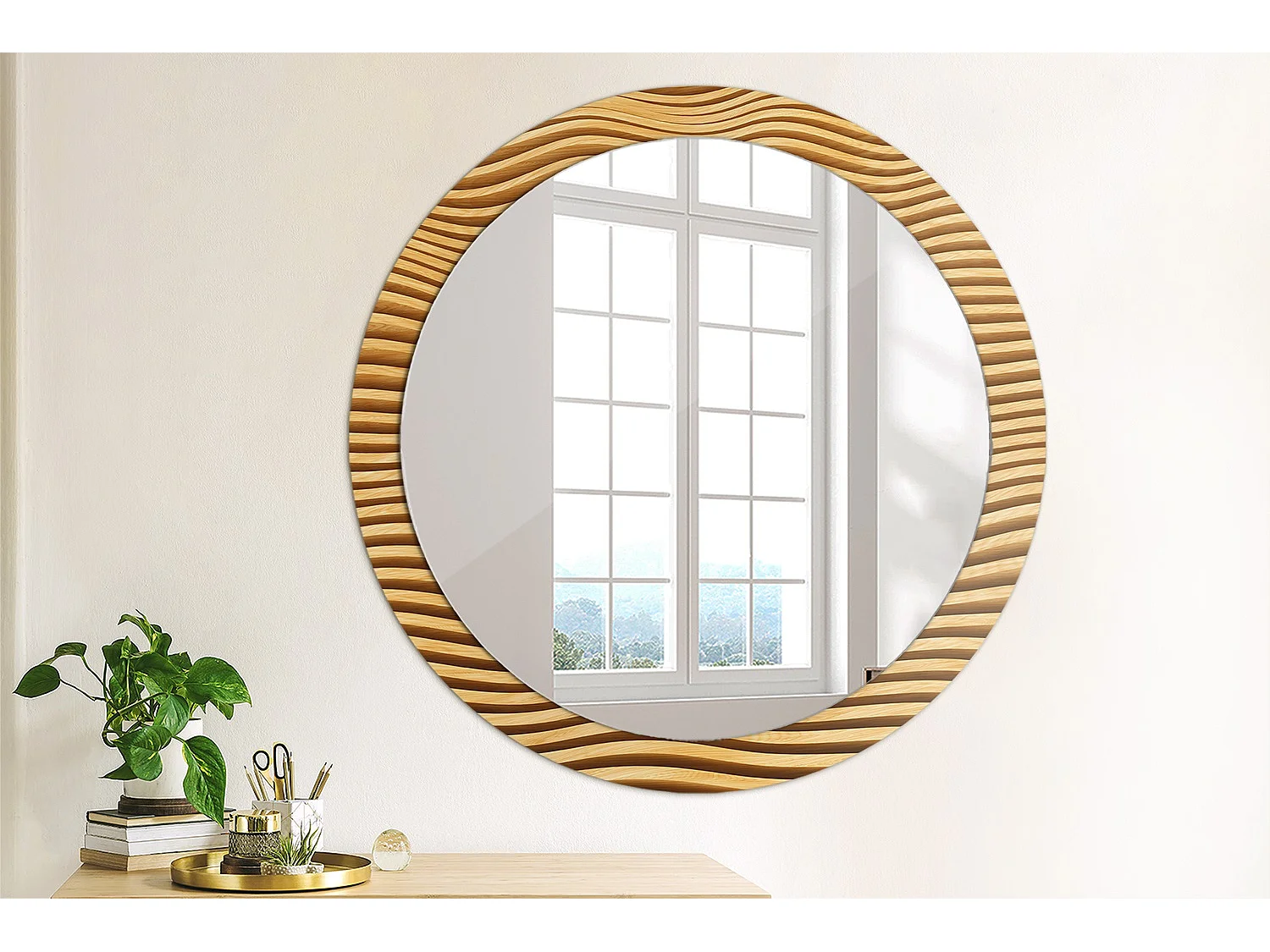 Miroir rond décoratif - Vague en bois - 90 cm