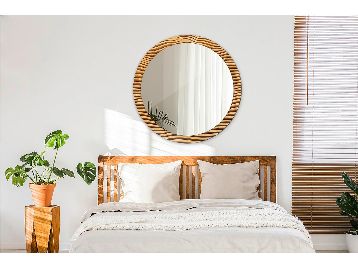 Miroir rond décoratif - Vague en bois - 90 cm