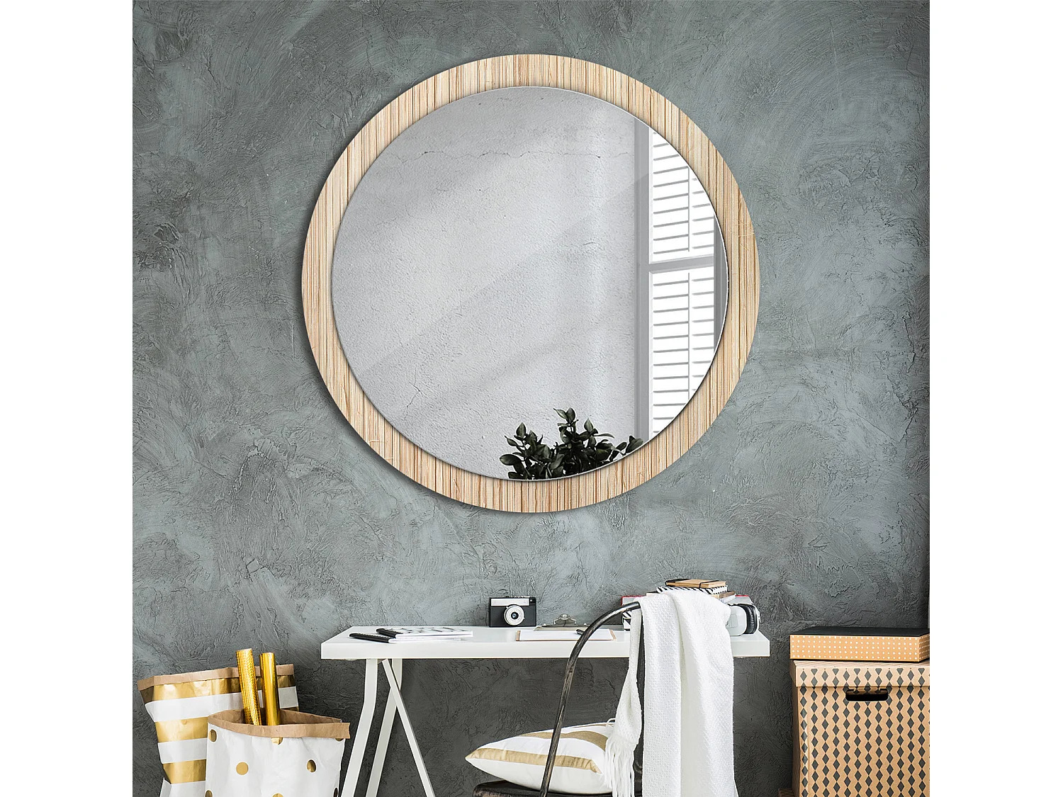 Miroir rond décoratif - Paille de bambou - 100 cm