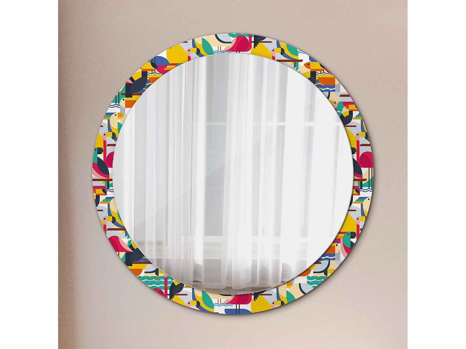 Dekorativer runder Spiegel - Geometrische tropische Vögel - 100 cm
